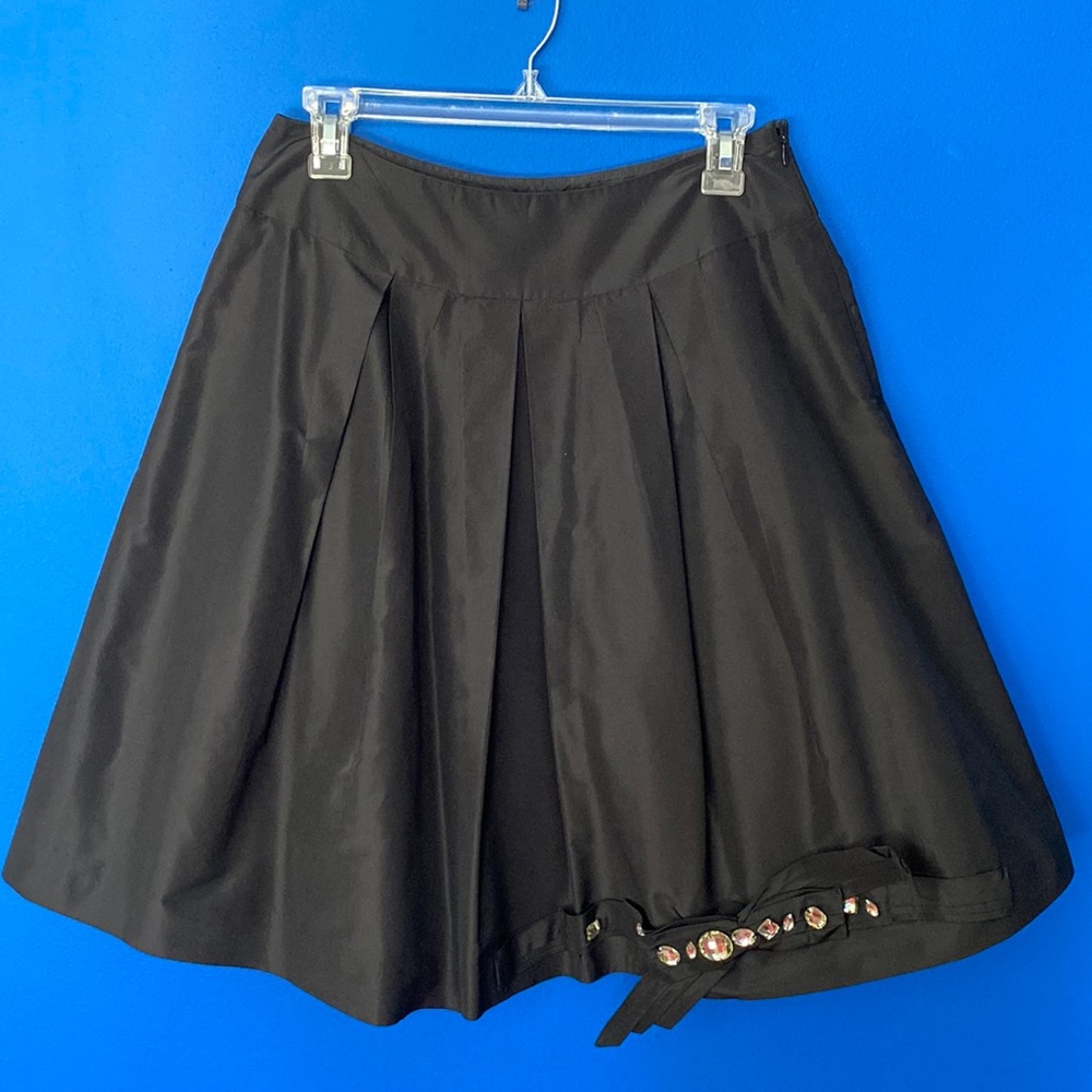 TERI JON Black Silk Taffeta Pleated Skirt with Bow & Crystals Sz 6